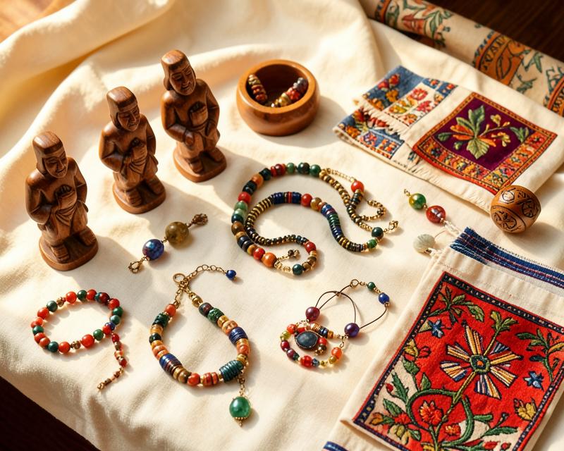 Artesanía internacional: tallas de madera, collares y textiles bordados