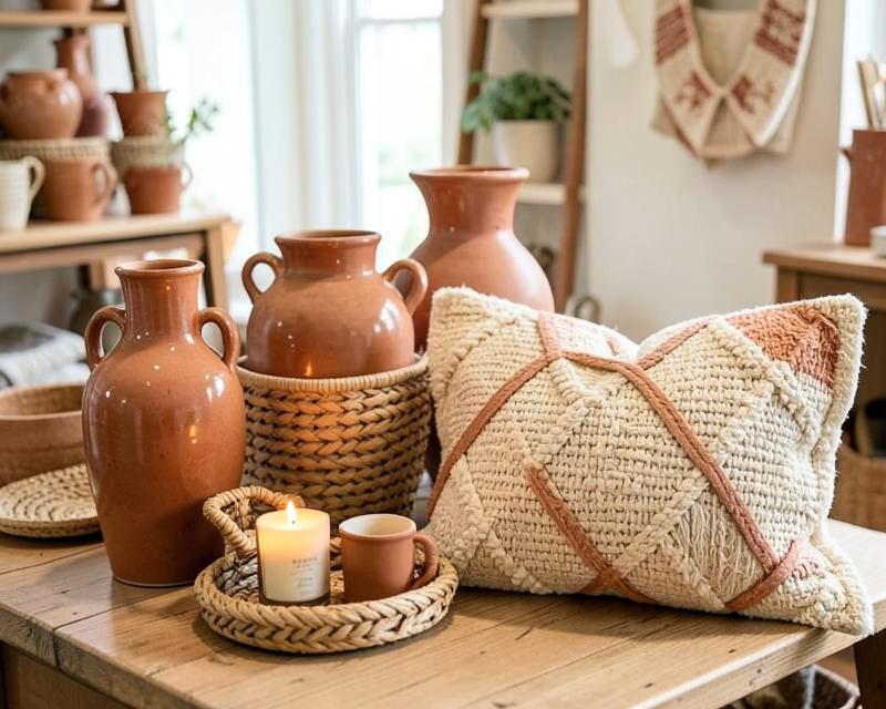Cerámica, cesta y cojín en tonos terracota