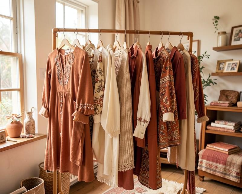 Percha con ropa de estilo bohemio en tonos tierra